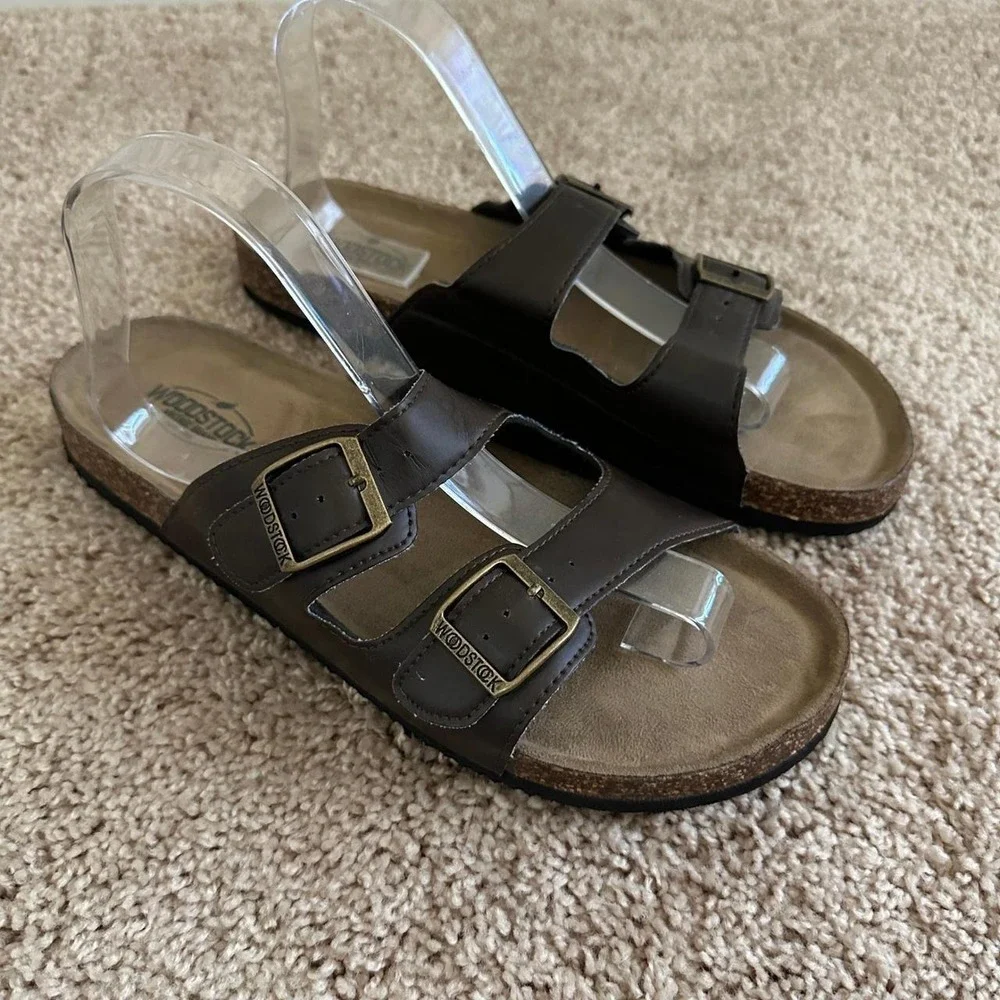 Woodstock Sandals Men 11 Brown Double Buckle Strap Cork Slide Comfort Shoes